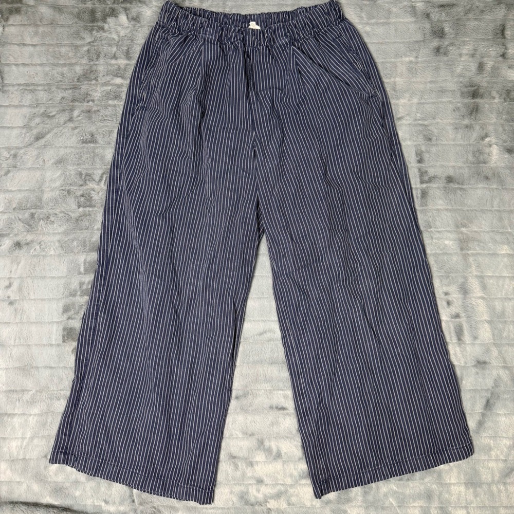 Aerie Navy White Pinstripe Wide Leg Pants Elastic Waist L Short Cotton Lyocell